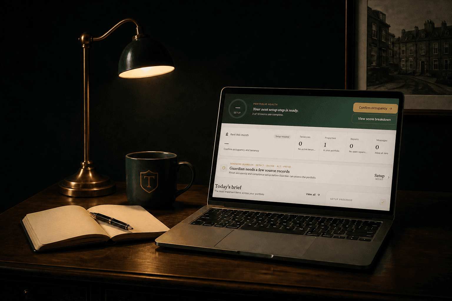 The current Tendmere Today workspace displayed on a laptop, showing property setup progress and a recommended next action