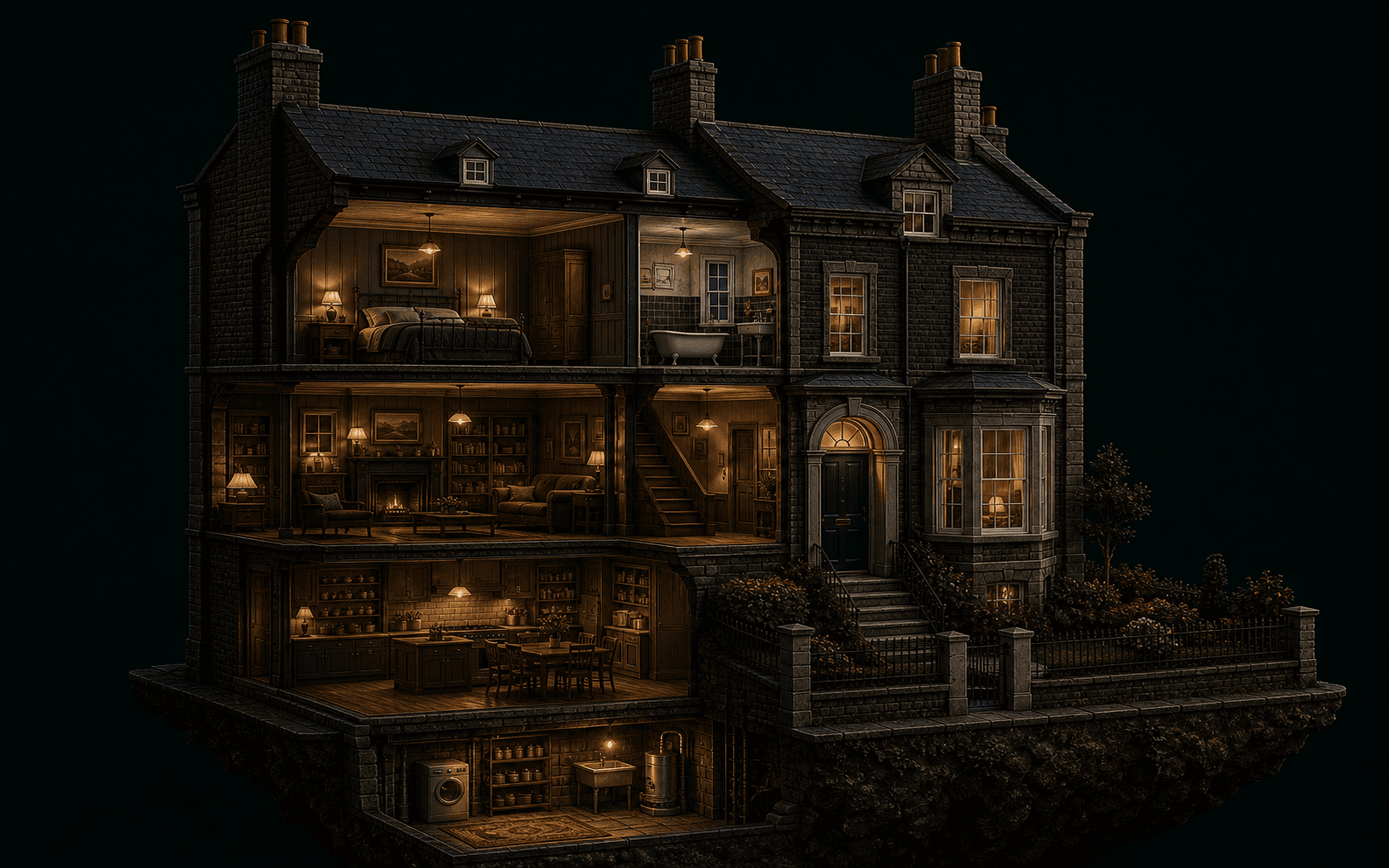 A cinematic cutaway of a British townhouse, showing the rooms and records connected by Tendmere