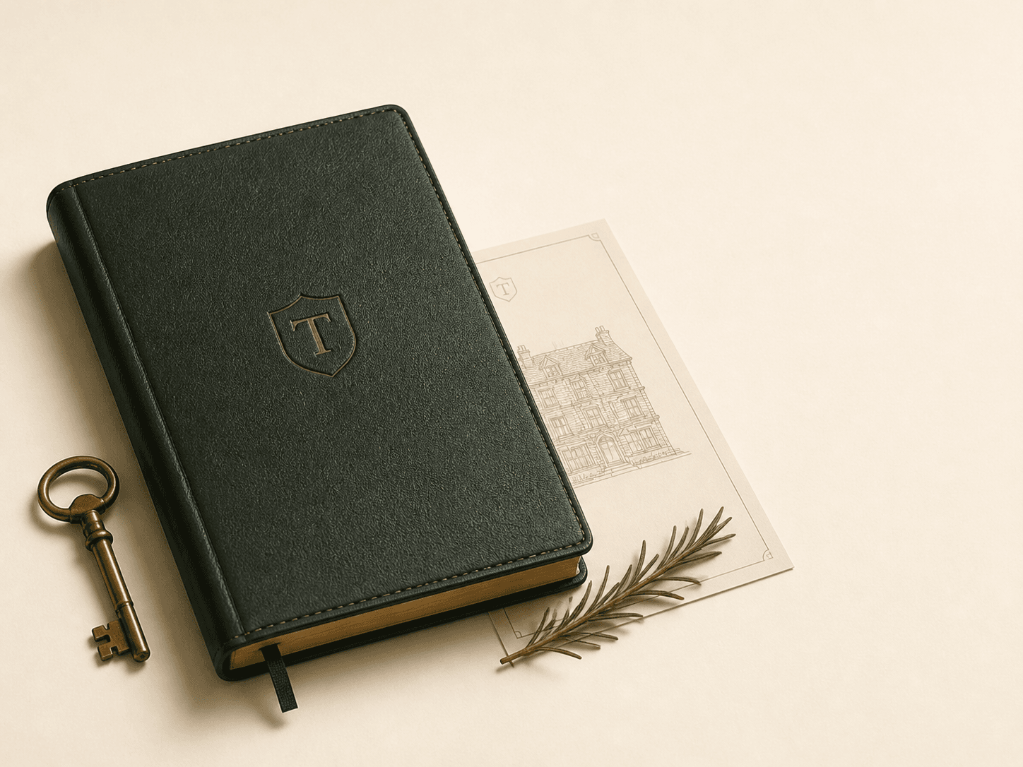 A forest-green Tendmere property ledger with an antique brass key