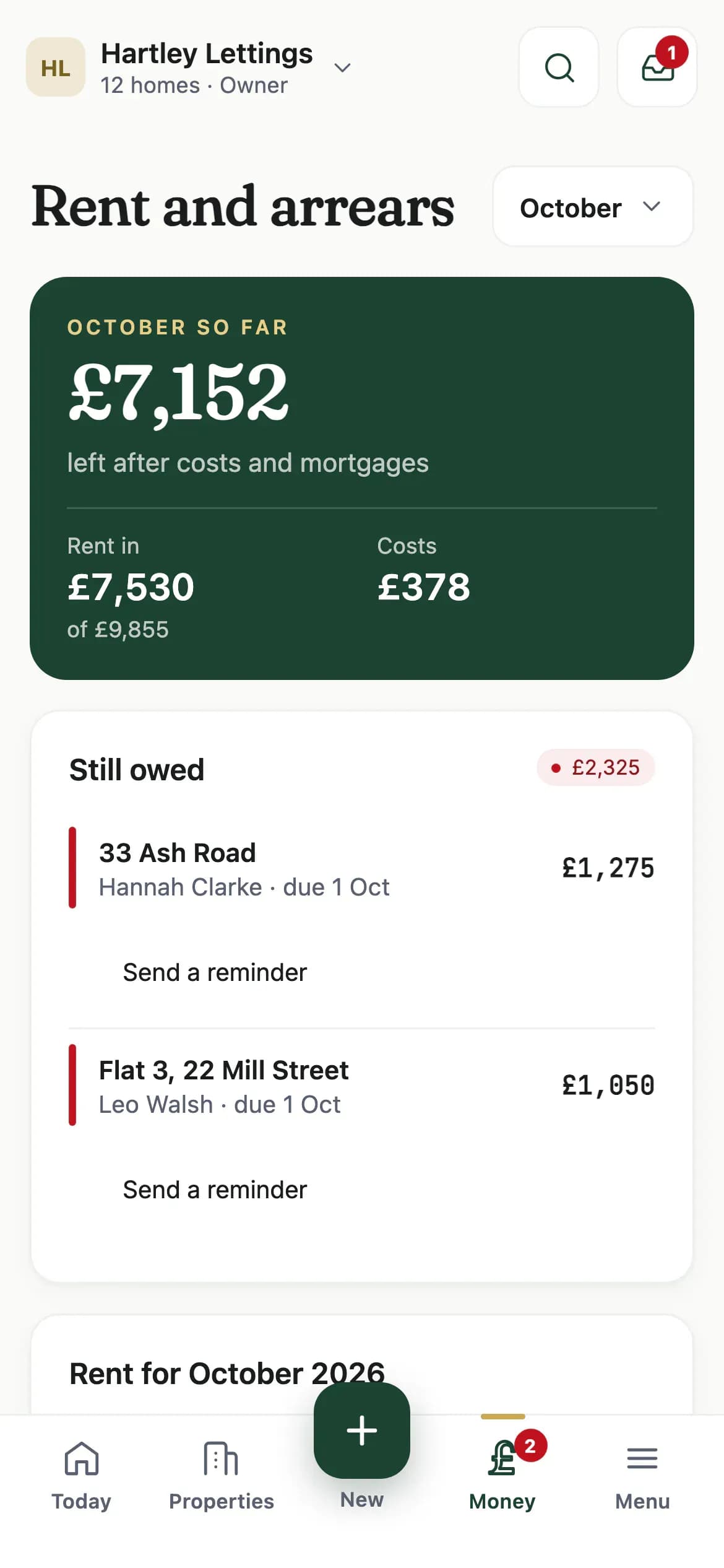 Tendmere rent screen showing paid and late rent with the amount owed, using demonstration data
