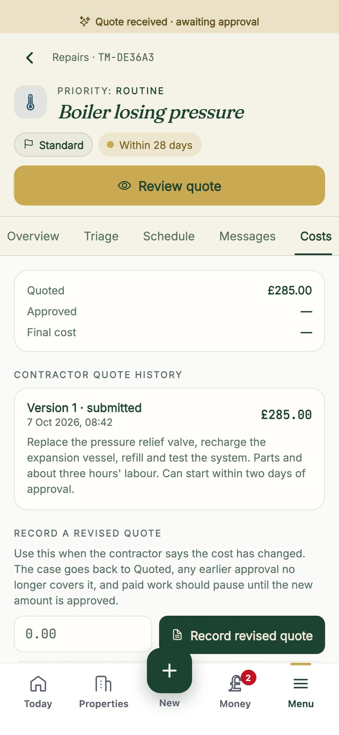 Tendmere repair case showing the tenant’s report, a contractor quote and the next action, using demonstration data