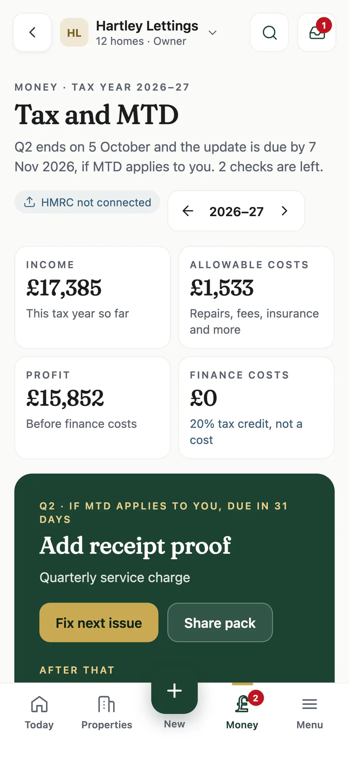 Tendmere Tax screen showing quarterly figures, rent received, expenses and the next steps, using demonstration data