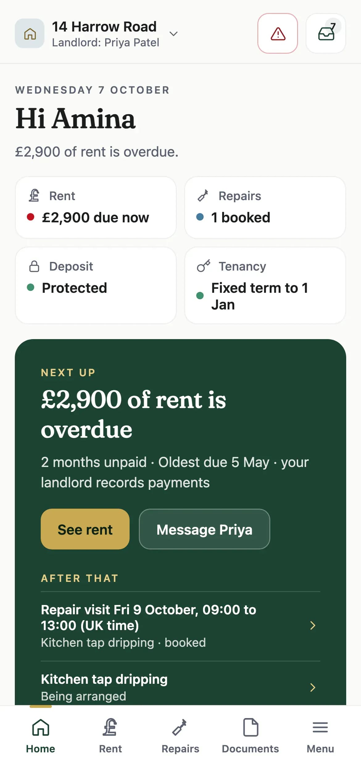 Tendmere tenant portal home showing rent, a booked repair visit, the deposit and the tenancy, using demonstration data