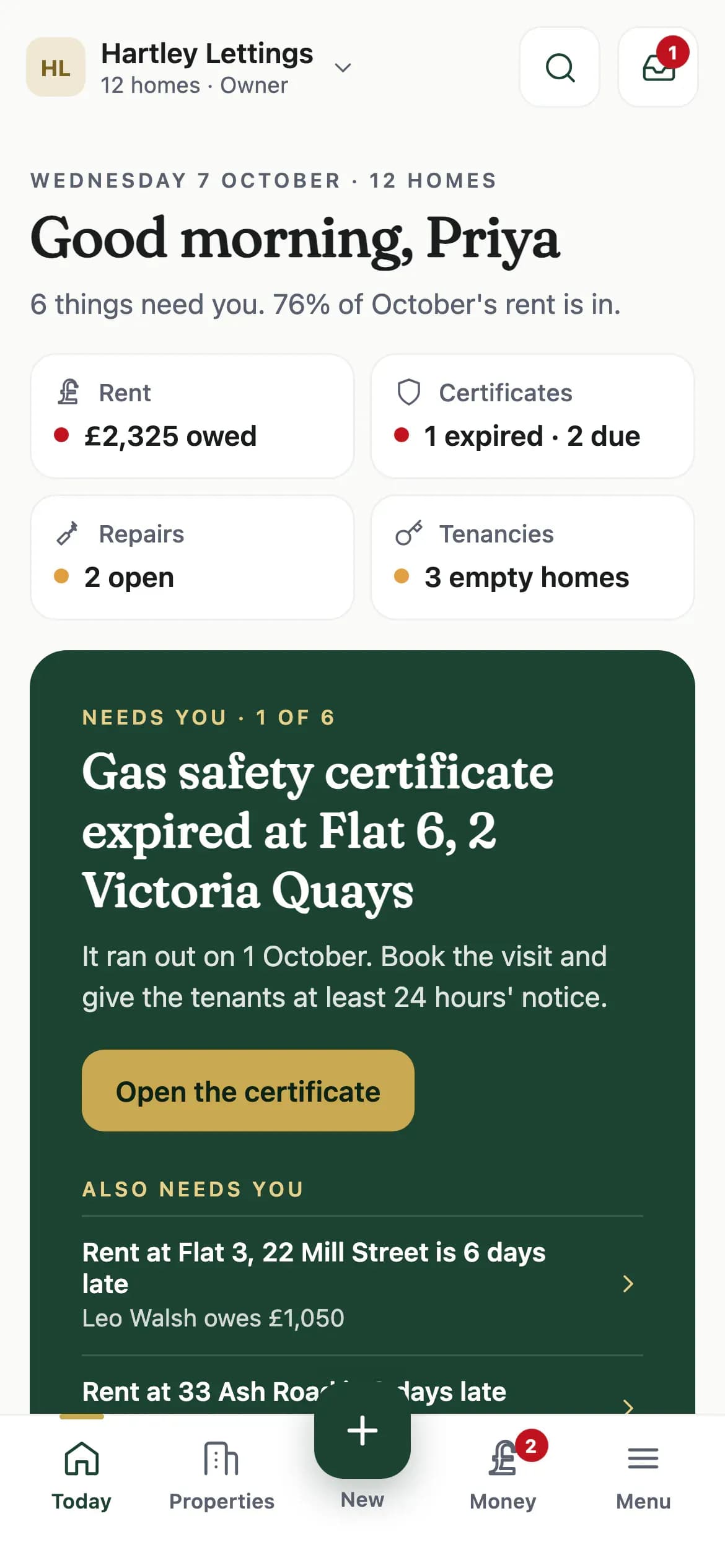 Tendmere Today screen showing what needs attention across a landlord’s properties, using demonstration data